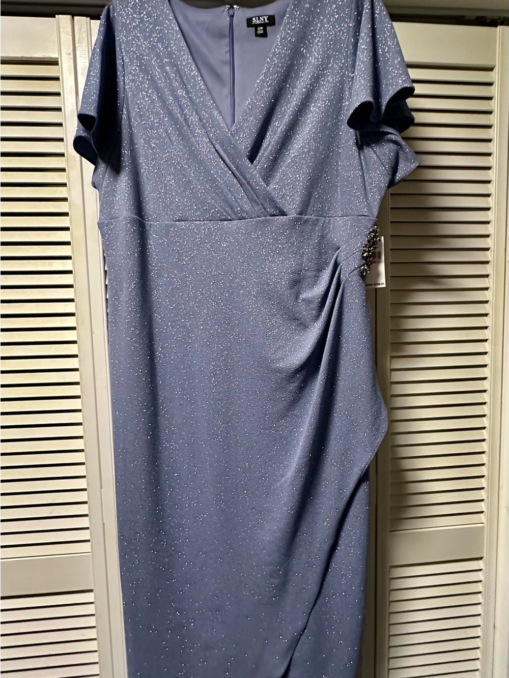 SLNY Glitter Wrap-Front Evening Dress in Periwinkle